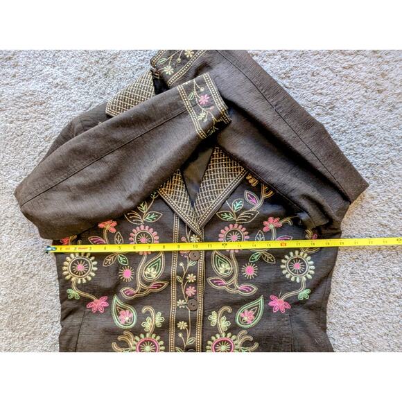VTG Silkland S Women 100% Silk Brown Floral Jacket Embroidered Collared Lined - Picture 6 of 15